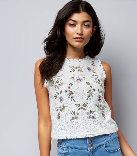 Petite White Floral Embroidered Lace Sleeveless Top | New Look