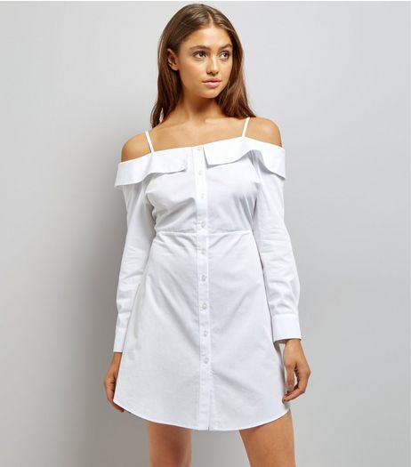 White Cold Shoulder Shirt Dress | New Look