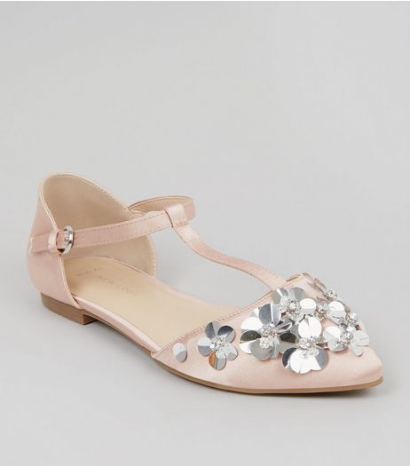 Wide Fit Nude Pink Satin Floral Embellished T Bar Pumps | New Look