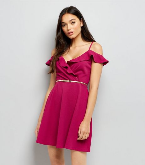 Bright Pink Frill Cold Shoulder Skater Dress | New Look