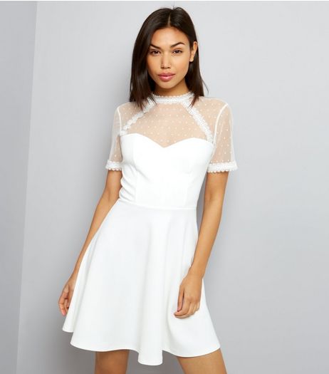 White Lace Trim Spot Mesh Yoke Skater Dress | New Look
