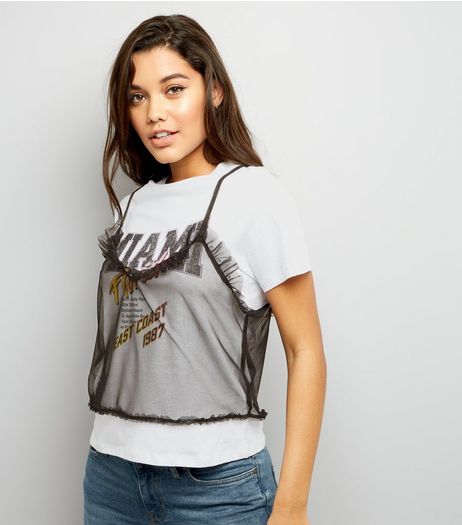 White Miami Print Mesh Cami Top | New Look