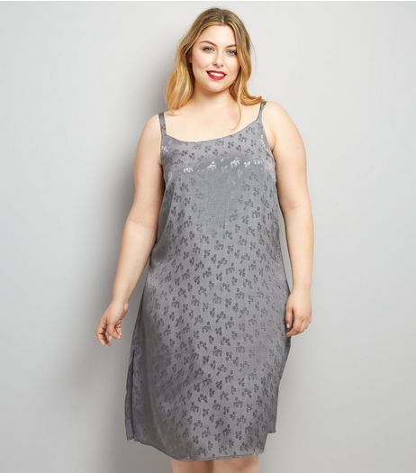 Curves Grey Sateen Floral Jacquard Slip Dress | New Look