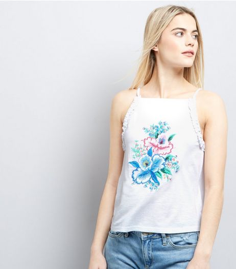 White Floral Embroidered High Neck Cami Top | New Look