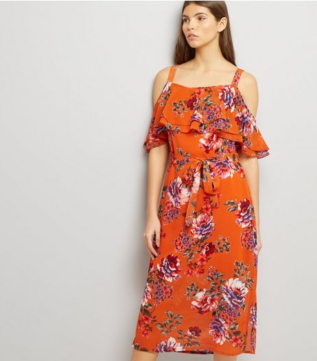 Bright Orange Floral Print Cold Shoulder Midi Dress | New Look