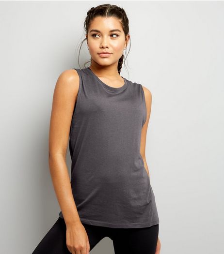 Grey Mesh Panel Drop Arm Tank Top | New Look