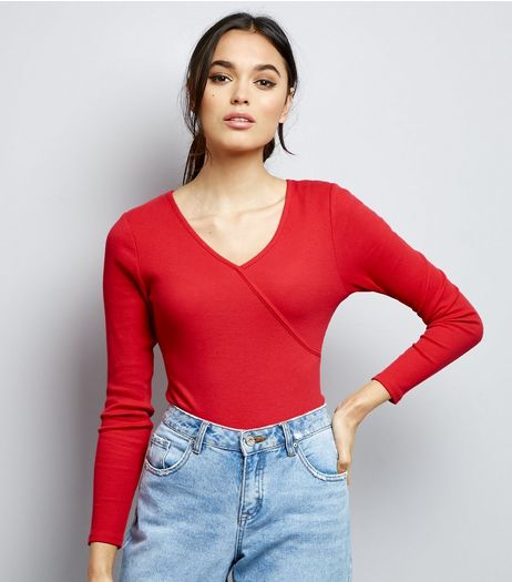 Red Ribbed Long Sleeve Wrap Bodysuit | New Look