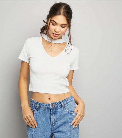 White Choker Neck Cropped T-Shirt | New Look