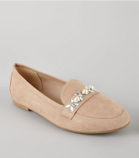 Cream Suedette Embellished Loafers | New Look