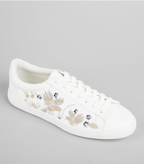 White Bird Embroidered Lace Up Trainers | New Look