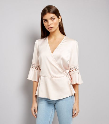 Shell Pink Sateen Crochet Trim Wrap Top | New Look