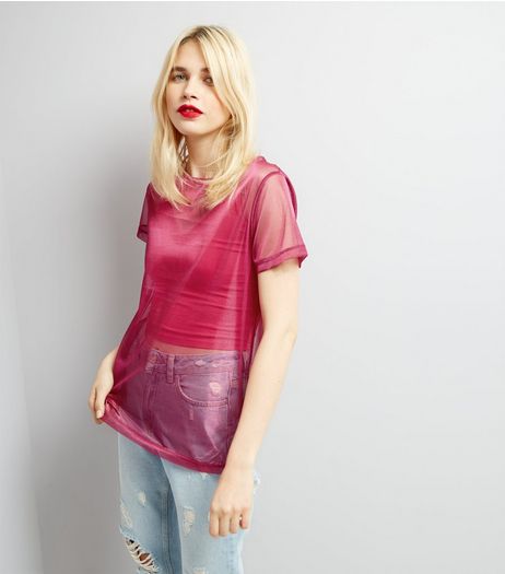 Bright Pink Metallic Mesh T-Shirt | New Look
