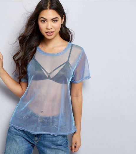 Blue Metallic Sheer Short Sleeve Top | New Look