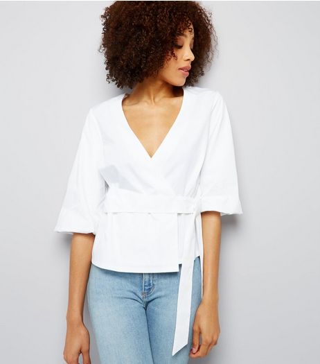 White V Neck Tie Waist Wrap Top | New Look
