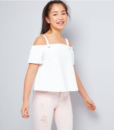 Teens White Eyelet Strap Cold Shoulder Top | New Look