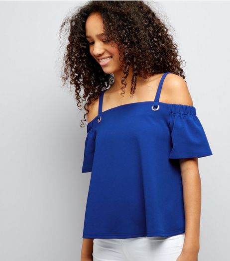 Teens Blue Eyelet Strap Cold Shoulder Top | New Look
