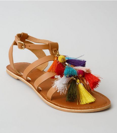 Tan Leather Multi Tassel Gladiator Sandals | New Look