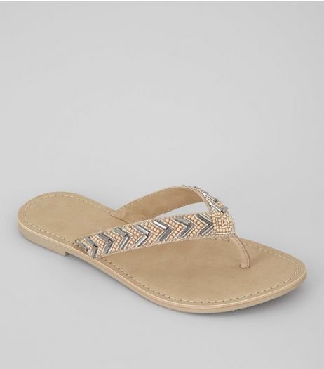 Wide Fit Nude Pink Suede Embellished Flip Flops | New Look