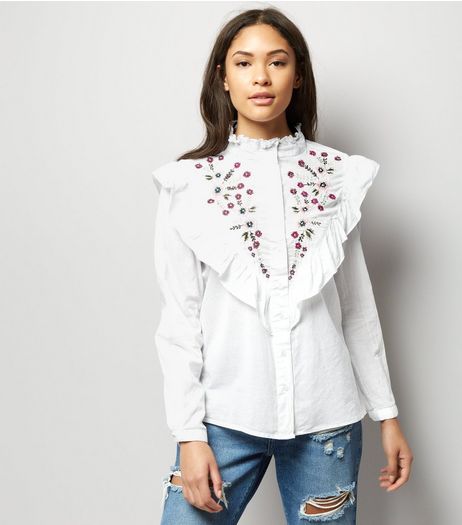 White Floral Embroidered Frill Trim Shirt | New Look