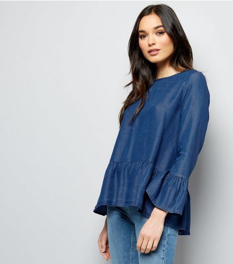 Cameo Rose Blue Frill Trim Button Back Top | New Look