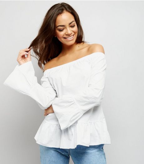 Cameo Rose White Frill Trim Bardot Neck Top | New Look