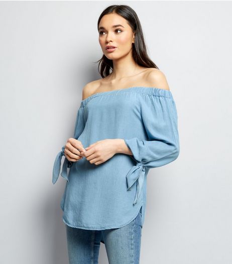Cameo Rose Blue Bardot Neck Tie Sleeve Top | New Look