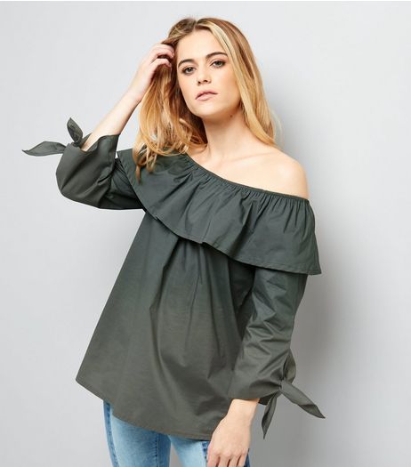 Loving This Khaki Bardot Neck Tie Sleeve Top | New Look