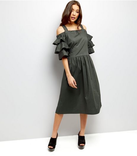 Loving This Khaki Frill Trim Sleeve Dress | New Look