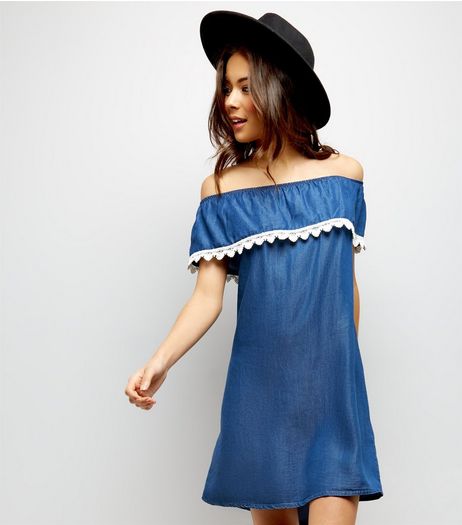 Loving This Blue Denim Bardot Neck Lace Trim Dress | New Look