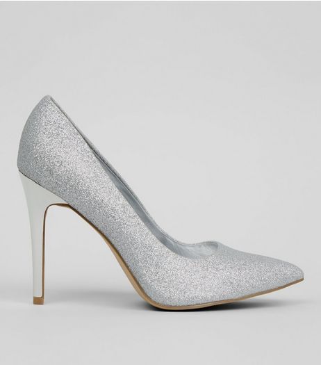 Wide Fit Silver Glitter Pointed Court Heels | New Look