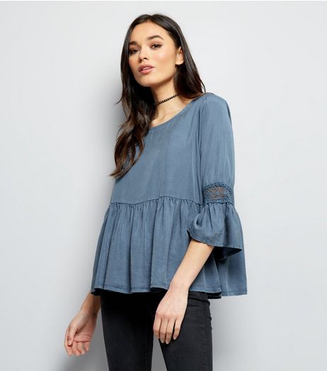 Cameo Rose Blue Lace Trim Frill Hem Top | New Look