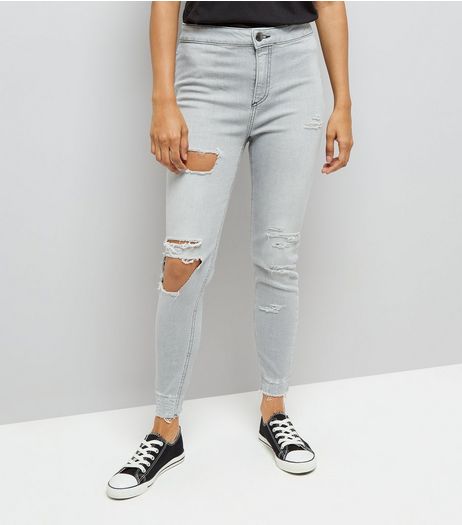 Petite Grey Ripped High Waist Skinny Jeans | New Look