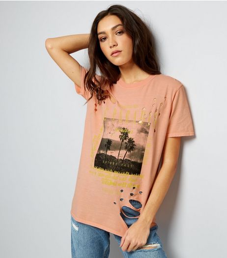 Bright Pink Picture Print Ripped T-Shirt | New Look