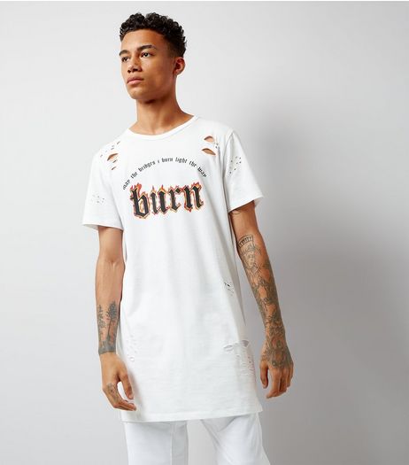 White Slogan Ripped Longline T-Shirt | New Look
