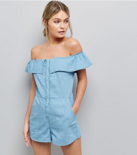 Blue Bardot Neck Button Front Denim Playsuit | New Look
