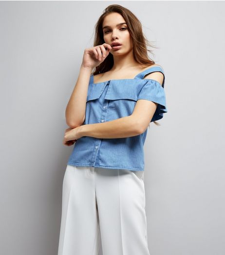 Blue Fold Over Cold Shoulder Denim Top | New Look