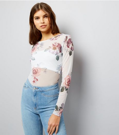 Light Grey Floral Print Mesh Bodysuit | New Look