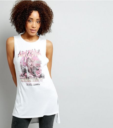 White Arizona Print Rock Band Step Hem Tank Top | New Look