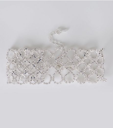 Silver Crystal Circle Link Pattern Bracelet | New Look