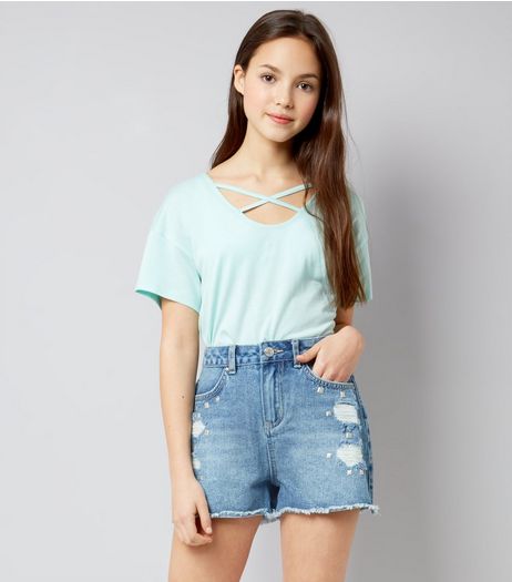 Teens Blue Denim Studded Shorts | New Look