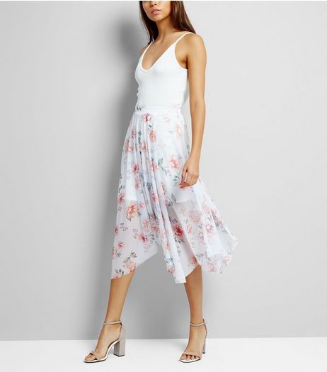 White Floral Print Hanky Hem Midi Skirt | New Look
