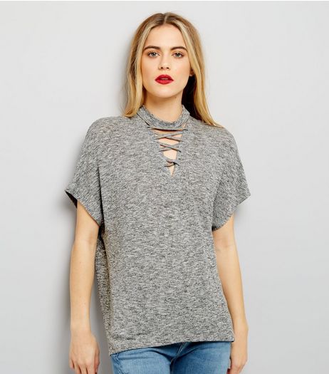Pale Grey Lattice Front Short Sleeve T-Shirt | New Look