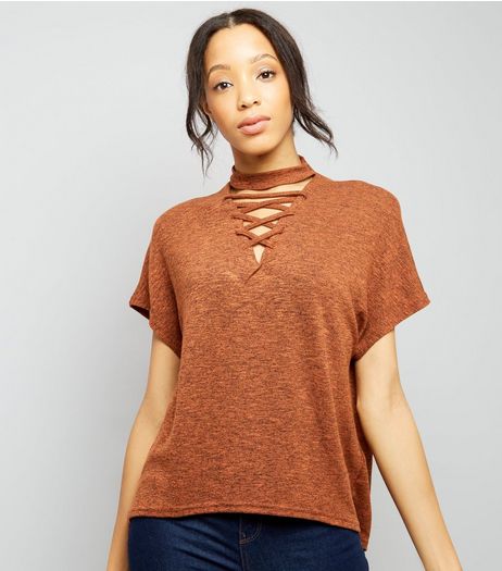 Brown Lattice Front Short Sleeve T-Shirt | New Look