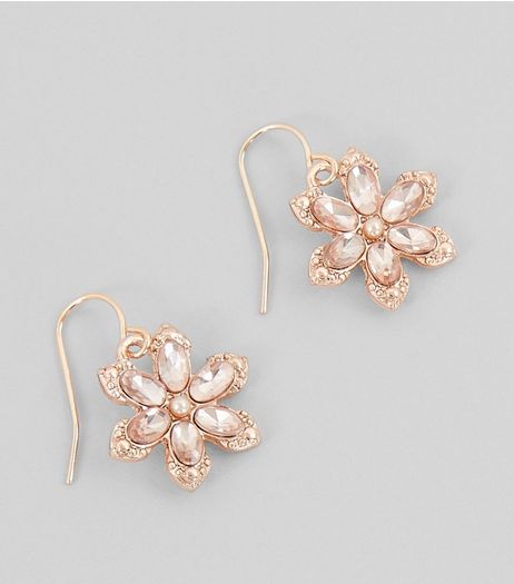 Rose Gold Crystal Flower Drop Earrings | New Look