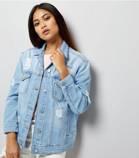 Petite Blue Ripped Oversized Denim Jacket | New Look