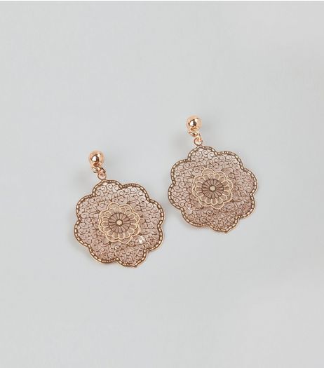 Rose Gold Filigree Flower Drop Earrings | New Look