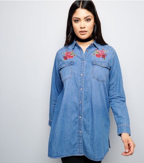 Curves Blue Floral Puff Print Denim Shirt | New Look