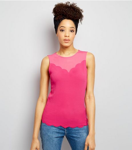 Bright Pink Mesh Panel Scallop Hem Sleevless Top | New Look