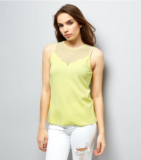 Yellow Mesh Panel Scallop Hem Sleevless Top | New Look