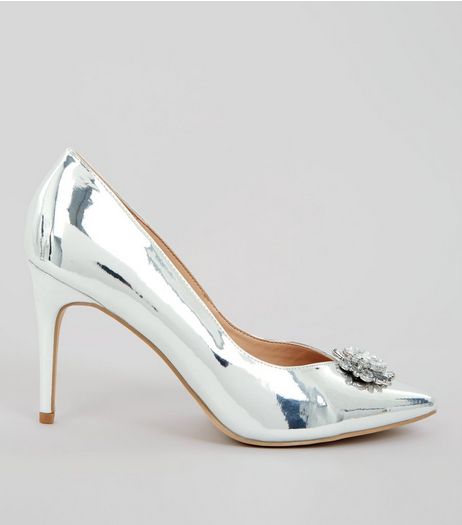 Silver Metallic Crystal Front Heels | New Look